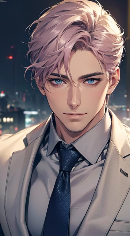 (Highest quality,4K,8K,High resolution,masterpiece:1.2),Super detailed,(Realistic,photoRealistic,photo-Realistic:1.37),1 person,31 years old,Mature Men,Beautiful skin、very handsome,Expressionless,smile,Short gray pink hair,blue eyes,Sharp Eyes,A perfect face without a doubt,Businessman,Office Background,Cinema Lighting,HDR image,tie、