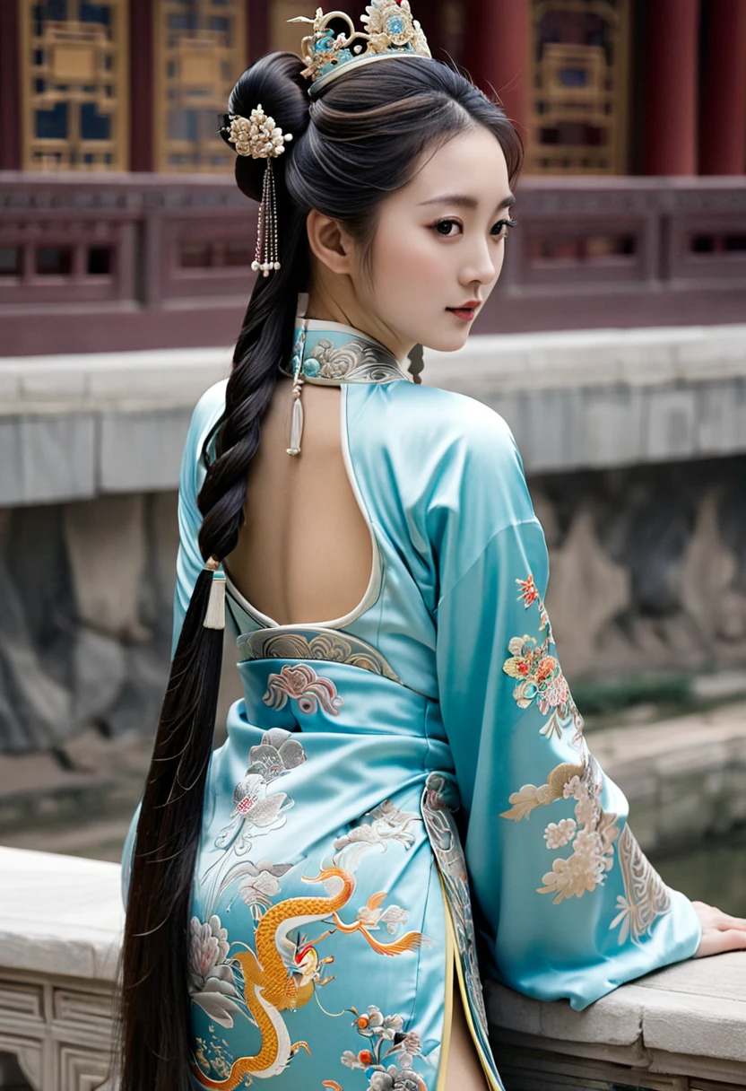 Stone letter M (pornographic pose) outside a Chinese palace during the Qing Dynasty A gorgeous Chinese courtesan with her hair tied on both sides A perverted and erotic woman wearing a crown and tying her hair is the backdrop for a gorgeous room of an empress in a Chinese court during the Qing Dynasty.