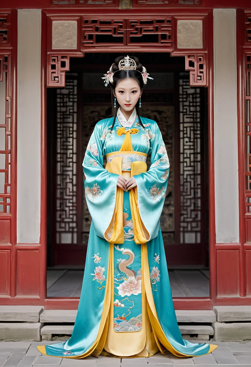 Stone letter M (pornographic pose) outside a Chinese palace during the Qing Dynasty A gorgeous Chinese courtesan with her hair tied on both sides A perverted and erotic woman wearing a crown and tying her hair is the backdrop for a gorgeous room of an empress in a Chinese court during the Qing Dynasty.