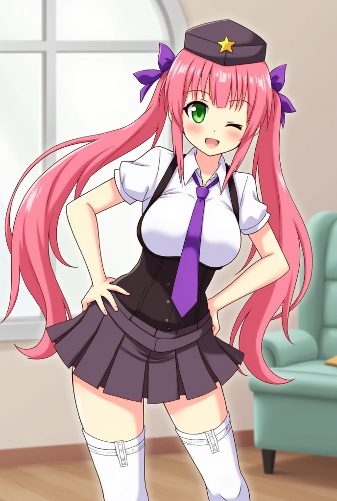 score_9, score_8_up, score_7_up, source_anime BREAK 1girl, solo, qrnkk, green eyes, pink hair, twintails, long hair, garrison cap, hair flower, hair bow, large breasts, purple necktie, white shirt, harness, short sleeves, corset, pleated skirt, garter straps, white thighhighs, thighs, looking at viewer, half-closed eyes, open mouth, leaning forward, standing, hands on hips, thick thighs, indoors