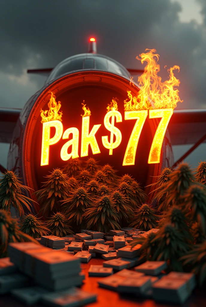 Logo Pak$777 on fire around a plane full of money and  plants 