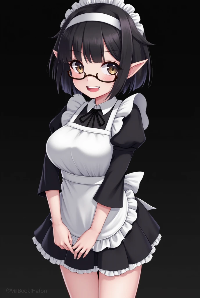 1girl, gorgeous girl , kawai girl , cute face, cute smile, cute cheeks , vampire teeth, elves ears, beautiful eyes, specs , black hair, bangs , (((short fluffy hair))) , ((maid outfit)), ((large saggy breast)), (((cleavage))), bend forward ,wet body, standing , (slim fit), pose , boob focus , boob focus, dark background