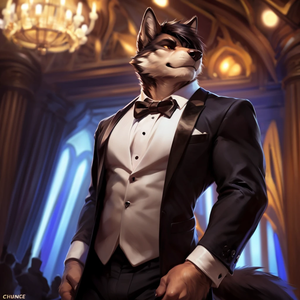 Wolf, Male, Solo, Wearing Tuxedo, Hair, Handsome Face, Sexy, Standing, Hands on Front, Looking away, Avoid Eye Contact, Fancy Ballroom Background, (Depth of Field, Vibrant Colors, dramatic Lighting, Natural Textures, Wide Angle Lens, Low Angle Close Side View Shot), ( by null-ghost, by darkgem, by snartles, by Chunie ),