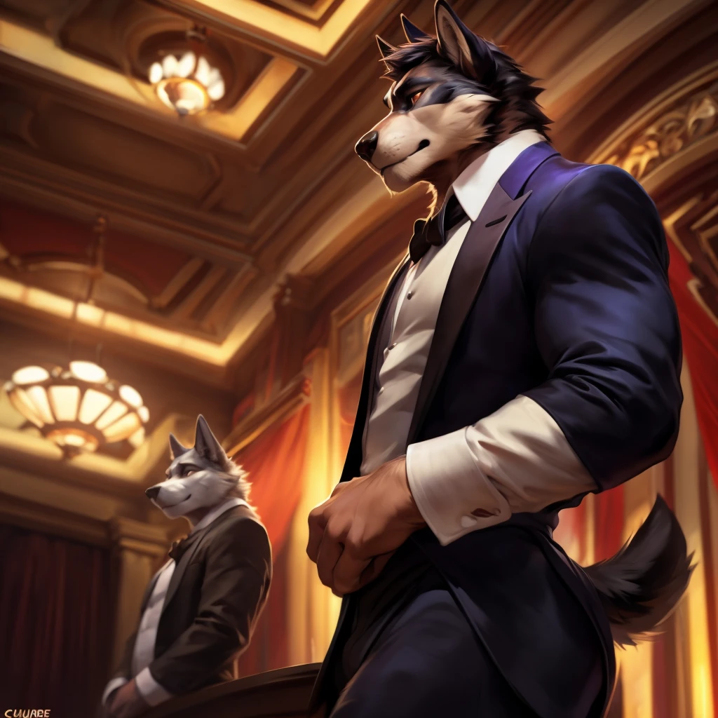 Wolf, Male, Solo, Wearing Tuxedo, Hair, Handsome Face, Sexy, Standing, Hands on Front, Looking away, Avoid Eye Contact, Fancy Ballroom Background, (Depth of Field, Vibrant Colors, dramatic Lighting, Natural Textures, Wide Angle Lens, Low Angle Close Side View Shot), ( by null-ghost, by darkgem, by snartles, by Chunie ),