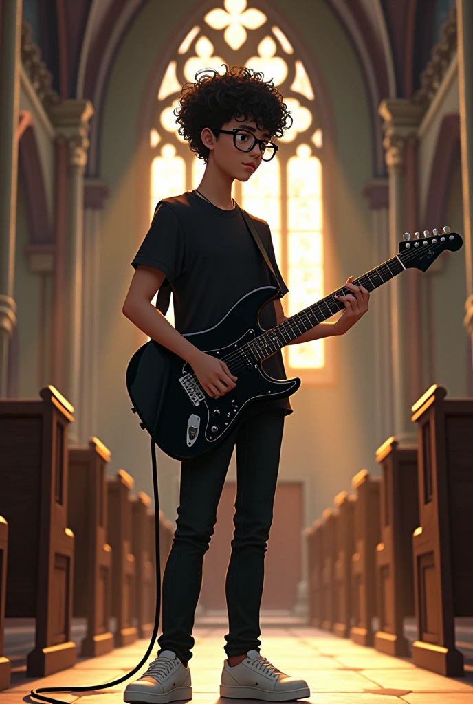 Create a 15 year old boy with curly hair wearing black glasses wearing a black shirt black pants and white sneakers playing a black guitar in the background of a church