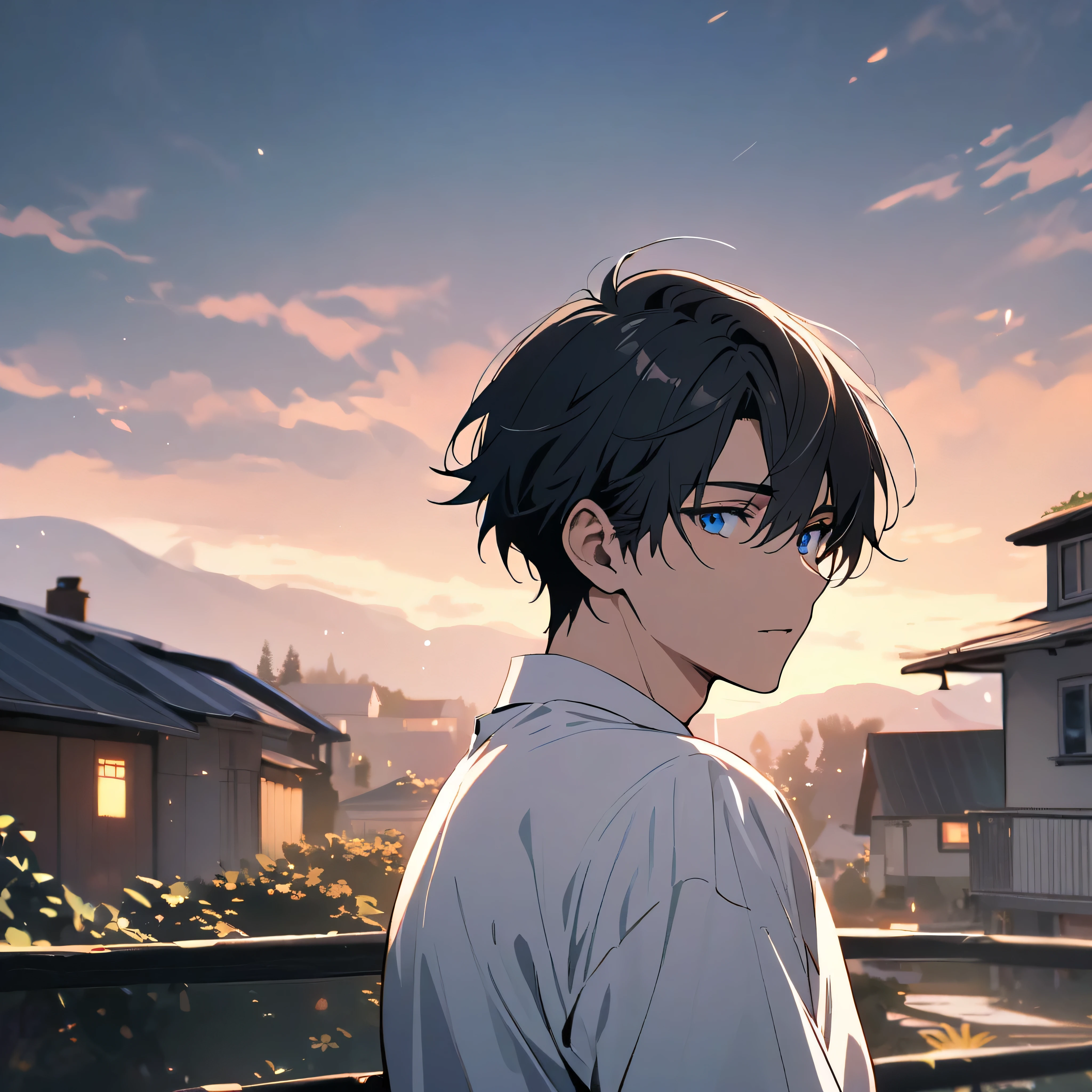 Handsome, solo, 1 male, short hair, black hair, blue eyes, white shirt, house background