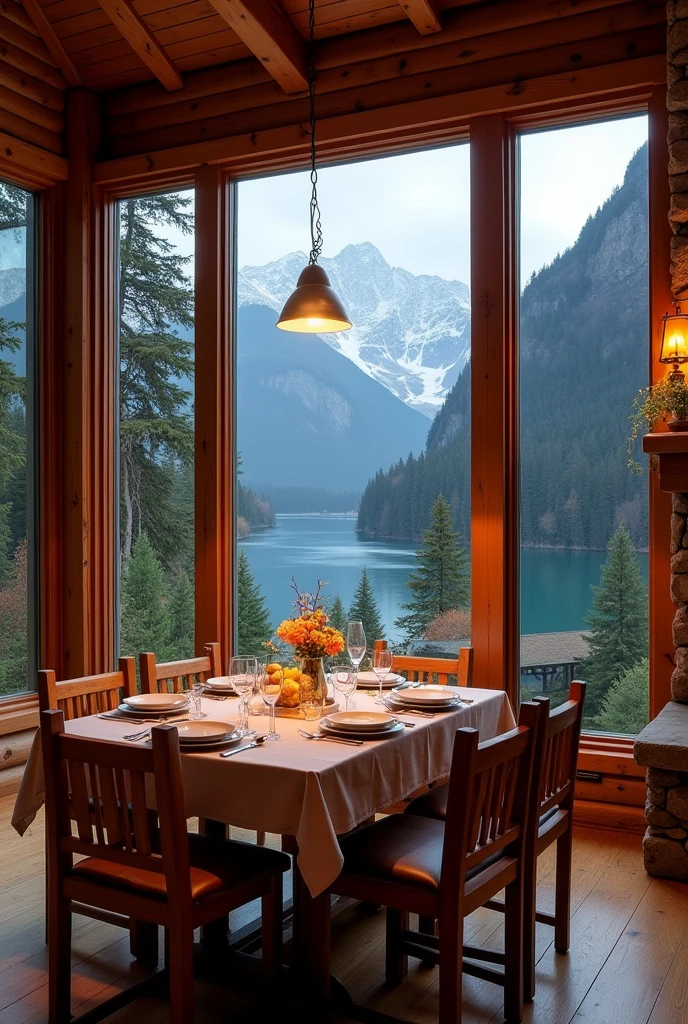 A dining room with a view of a river and a mountain landscape with wooden furniture, romantic with a fireplace and two huge windows to make a bigger picture, that the dining room is more visible and with more romantic and cabin-like furniture 
