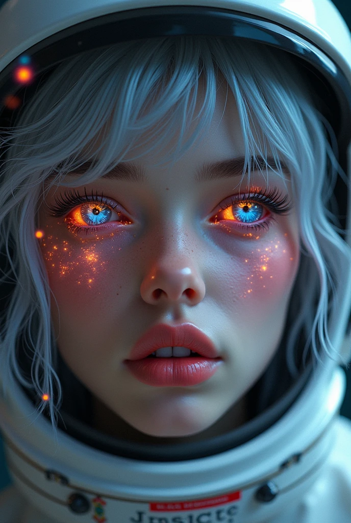 (Close-up of a better masterpiece:1.5)0.9], (Space and astronauts:1.2) (Messy silver hair:1.1) (Heterochromia xanthochromia and blue eyes:1.2) (Space Helmet:1.0) (Colored stars in the eyes:1.0) (A radiant glow:1.1) (thick lips:0.9)