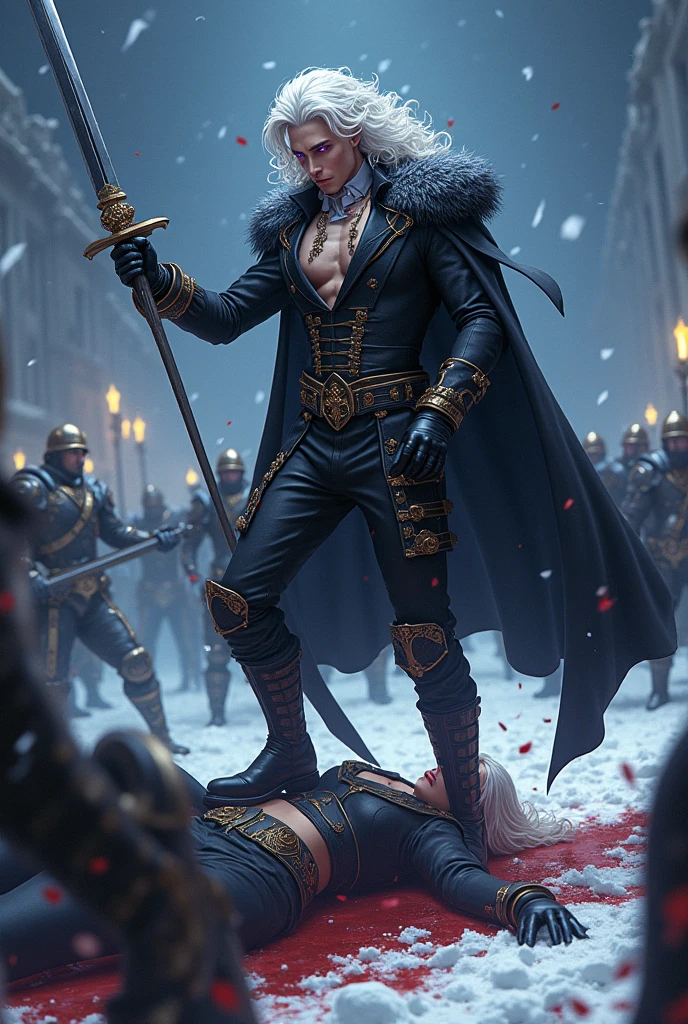 In a 8k ultra HD 90s anime style aesthetic, with a snowy night war background, create a full body image of a gorgeous man standing, one foot planted in the snow, another foot on a deceased man's chest, with long curly white hair and long bangs at the sides of his face, light freckles, sharp features and slanted half-closed glowing light purple eyes wearing a really fancy steampunk suit with straps, the chest area is open, neck-line shown, long black gloves, a frilled neck tie, black pants with black animal furs caping the back and side of his legs and knee-high strapped boots. He is holding a longsword, he is currently fighting other men in black armor, holding his sword towards them, other men fighting around him, with red snow at his feet/ boots. He has blood on his clothes.