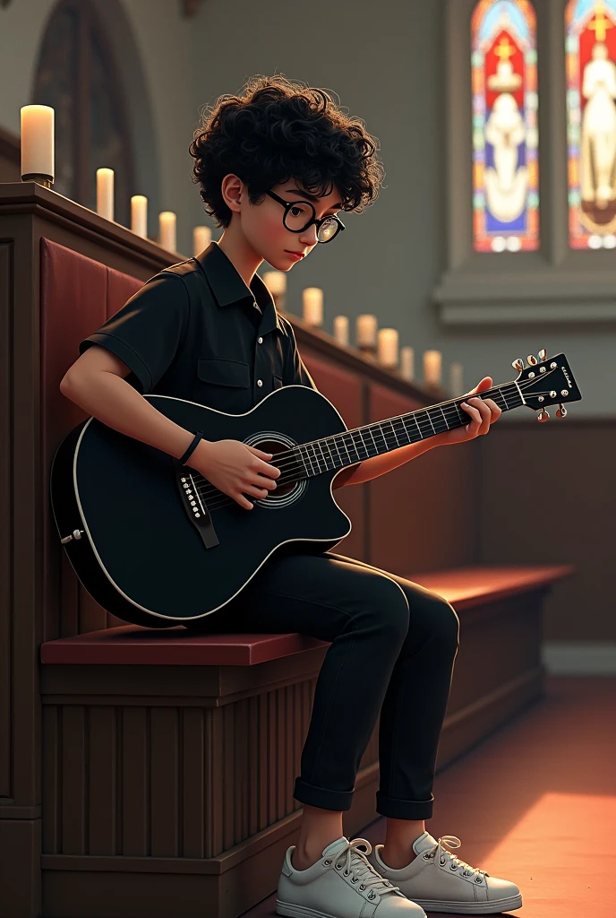 Create a 15 year old boy with curly hair wearing black glasses wearing a black blouse black pants and white sneakers playing a black guitar in the background of a church looking at the guitar
