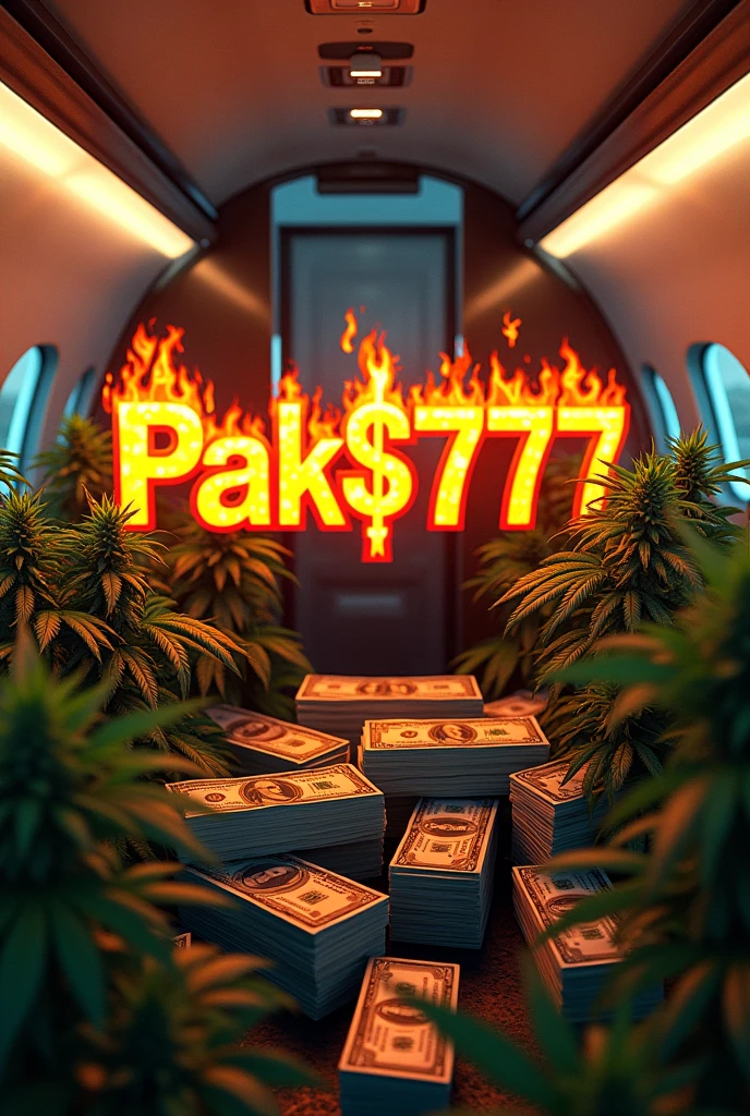 Logo Pak$777 on fire around a plane full of money and marijuana plants