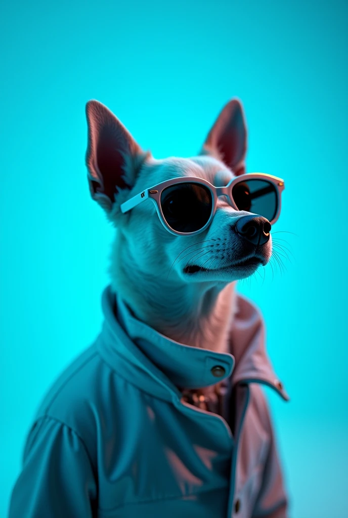 The best cell phone wallpaper, Award-Winning Wallpaper, portrait photography, In the front view is a portrait of a cute dog wearing mid-1960s space age fashion, Side view photo, Shot with Canon EOS R5, Set a strong contrast that accentuates the subject, Fluorescent blue tone, Wearing a very modern coat and sunglasses is a modern 1960s style, Clothes all in one color, beautiful background