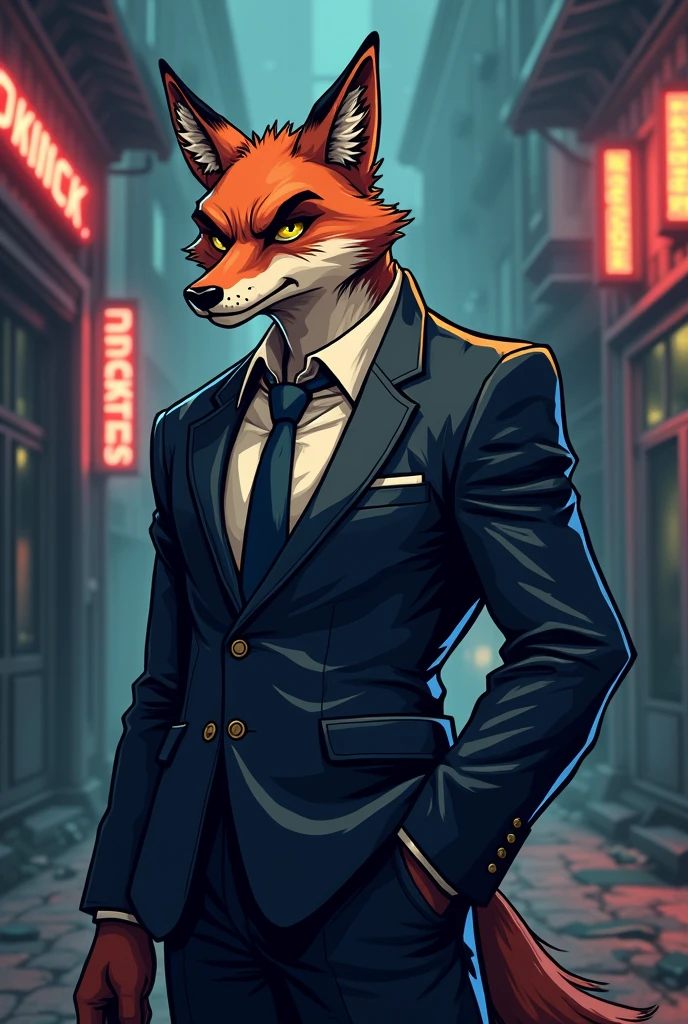 Sr.Fox, 8bit, more masculine, suit, tired, bad, ego
