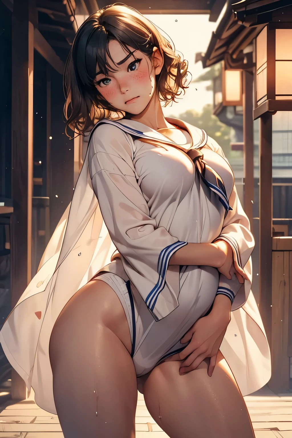 nsfw, (spread pussy:1.5),nsfw, (breast squeeze:1.3),(masterpiece:1.3), (8k, Photorealistic, RAW Photos, Best image quality: 1.4), Japanese, (1 female), Beautiful Face, Idol face、round face,A little small chin, (A vivid face),Young face, (Outer curled short hair:1.3), Beautiful hairstyle, Hair fluttering in the wind、Realistic eyes, Beautiful Eyes, ,Round eyes,(Realistic Skin), Beautiful Skin, Charm, Ultra-high resolution, Surreal, Attention to detail, Golden Ratio, Detail Makeup,Seeing the viewer,Small breasts、Thin pubic hair、(Baby Face:1.2)、Wet sailor suit、Light freckles、(whole body:137cm) 、14age、cute、information、Full body shot,embarrassed,blush,masturbation, dildo, ,(embarrassed,blush:1.5),low angle full body shot,blush, angry,arched eyebrows、