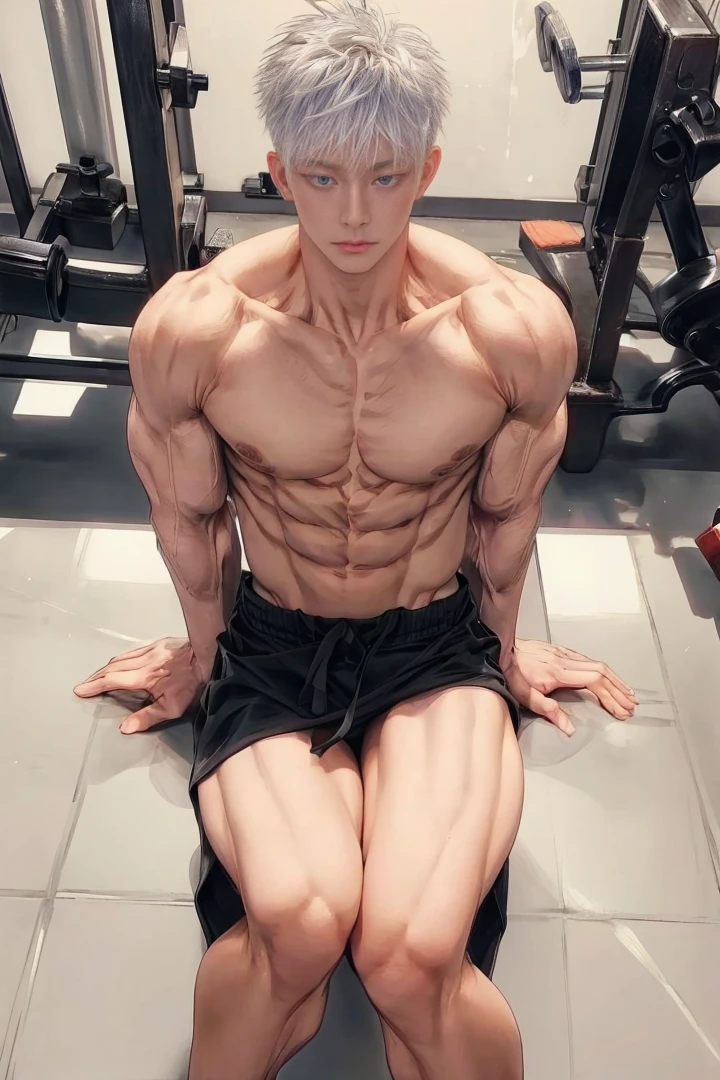 1 male, Japanese male model, high resolution 4k, adult, handsome, perfect face detail, detailed eyes and face, muscular, white eyebrow hair, white eyelashes, Naked torso, Detailed face, perfect face, real skin texture, detail Perfect hand, details, Real and complete hand details, unreal engine, hd picture, satoru gojo, Jujutsu kaisen, white hair, short hair ,hair between eyes ,blue eyes, white skin, fitness place background