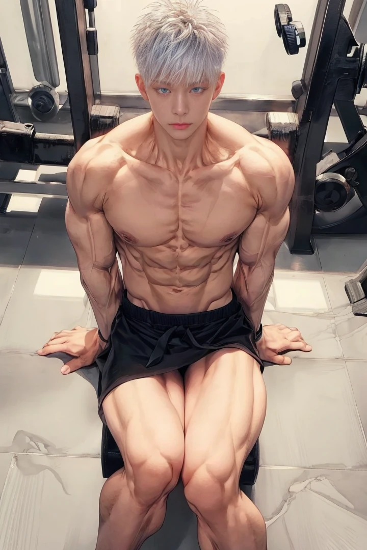 1 male, Japanese male model, high resolution 4k, adult, handsome, perfect face detail, detailed eyes and face, muscular, white eyebrow hair, white eyelashes, Naked torso, Detailed face, perfect face, real skin texture, detail Perfect hand, details, Real and complete hand details, unreal engine, hd picture, satoru gojo, Jujutsu kaisen, white hair, short hair ,hair between eyes ,blue eyes, white skin, fitness place background