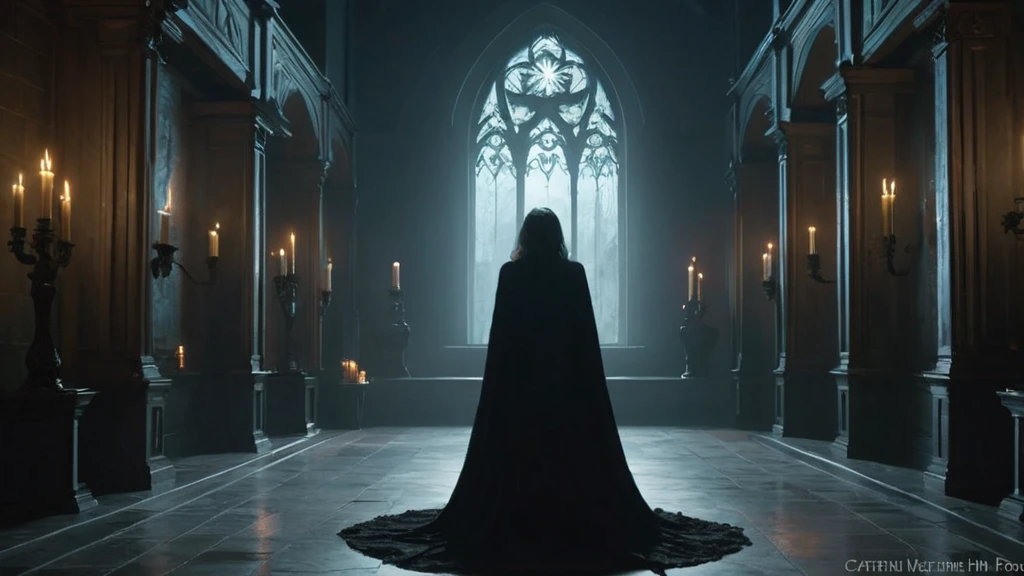 In the dim glow of flickering candlelight, an elderly woman stands with her back to the viewer, her posture hunched and frail. Her long, silver hair is unkempt and falls in disarray around her shoulders, contrasting with the darkened, tattered robe she wears. The robe hangs loosely from her thin frame, swaying gently with her every movement.
In her gnarled, wrinkled hands, she clutches a black pendant, known as Carlen Clad, with a grip that conveys both reverence and despair. The pendant is intricately designed, its dark surface catching the meager light in a way that highlights its ominous presence.
The room around her is shrouded in shadows, with only the faint, wavering light from the candles casting dim patterns on the walls. The air is thick with a sense of foreboding and melancholy as she whispers to herself, "So, your dream will come true?" Her voice is a soft, trembling murmur, tinged with both resignation and dread as she speaks of the world's end."