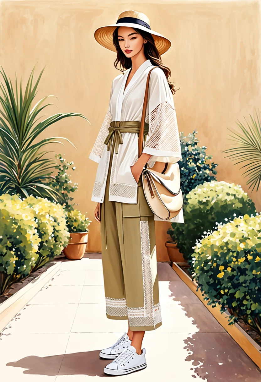 candid fashion illustration of young 2man and 1girl, aged 18-23 year old, tall and slender, Mixed race male super model, ((showcase fashion in a cotton outfits inspired by designer Christian Dior resort collection)), in elegant modern Trible style with ((ethnic woven details)), natural Earth tone color. The 1st man wears an oversized shirt with Trible embroidery and lace details, paired with slim-fit Pants, semi hard bugle. The 2nd man complements him in a white lace shirt and patchwork Yukata, paired with big striped Drawstring short, side entry pockets and completes the look with white sneakers, sunglasses. the woman wearing a dress in cotton woven, ethnic pattern detail, frill-trimmed with lace, Her ensemble includes an accessorizes with a wide-brimmed straw hat, white sneakers. Captured all in a ((full-body pose)), ((pencil color mixed with water-color drawing style on white blank paper )), realistic pencil lines, imperfect drawing, charcoal lines detail, fading sketch, fashion Sketching, fashion illustration, low angle view, (full body image)