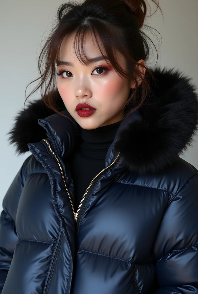 chubby Chinese woman, messy brown hair, heavy makeup, dark red lipstick, big pouting lips, wearing a very large tight shiny ((navy blue)) puffer coat, thick eyebrows, photorealistic, masterpiece, moncler, fluffy fur hood, attitude on her face, hair tied on top, large breasts, silk blouse, open coat,