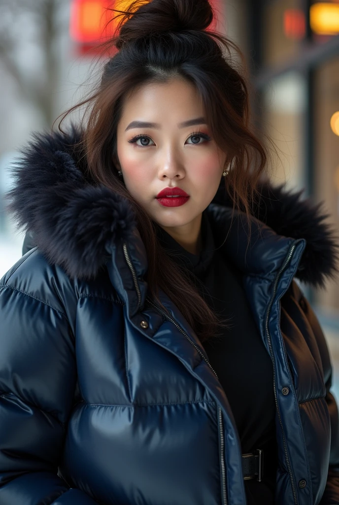 chubby Chinese woman, messy brown hair, heavy makeup, dark red lipstick, big pouting lips, wearing a very large tight shiny ) puffer coat, thick eyebrows, photorealistic, masterpiece, moncler, fluffy fur hood, attitude on her face, hair tied on top, large breasts, silk blouse, open coat,