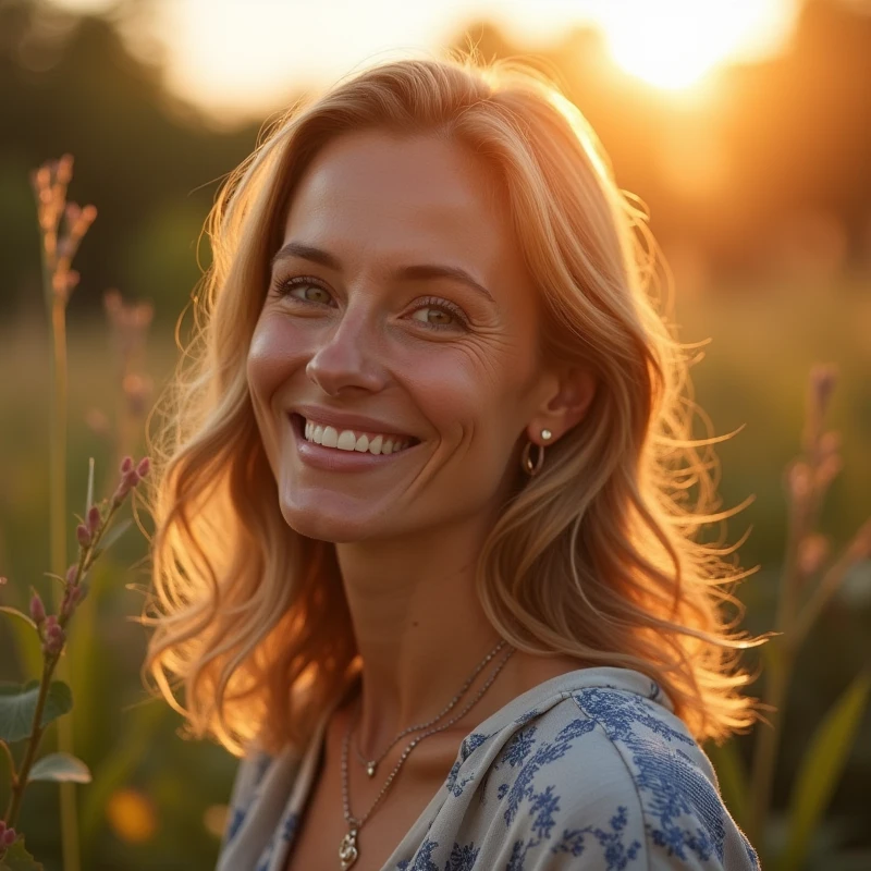 Image Description:
Create an inspiring image that conveys confidence and self-awareness. The image must include a smiling woman in a natural setting., como um fild ou Garden, ao nascer ou sunset. Her expression should convey confidence and serenity..
Elementos visuais:
1. main image:
• Smiling and confident woman, 40 years old • Natural environment (fild/Garden).
• Soft sunrise light/sunset.
2. Star of David:
• Discreetly positioned in a corner of the image or subtly incorporated into the background.
3. golden lights:
• Soft light elements radiating around the woman to create an effect of illumination and mysticism.
4. Numerological Diagram:
• A graph or diagram of numbers in a side area or discretely in the image, suggesting the deep and analytical content of the numerological chart.
Style Guidelines:
• Soft and comforting tones.
• Mystical and attractive touch.
• Mix natural light and graphic elements to create a harmonious look.
________________________________________
Exemplo Completo do Prompt:
Create an inspiring image that conveys confidence and self-awareness. The image must include a smiling, confident woman in a natural setting., como um fild ou Garden, ao nascer ou sunset. Her expression should convey confidence and serenity..
Incorpore uma Star of David discretamente posicionada em um canto da imagem ou de modo sutil ao fundo. Add elements of soft golden lights radiating around the woman to create an effect of illumination and mysticism..
Include a numerology diagram in a side area or discreetly in the image to suggest the deep, analytical content of the numerology chart., with colors that harmonize with the rest of the image (golden and soft blue).
Use soft, comforting tones, with a mystical and attractive touch, mixing natural light and graphic elements to create a harmonious look.