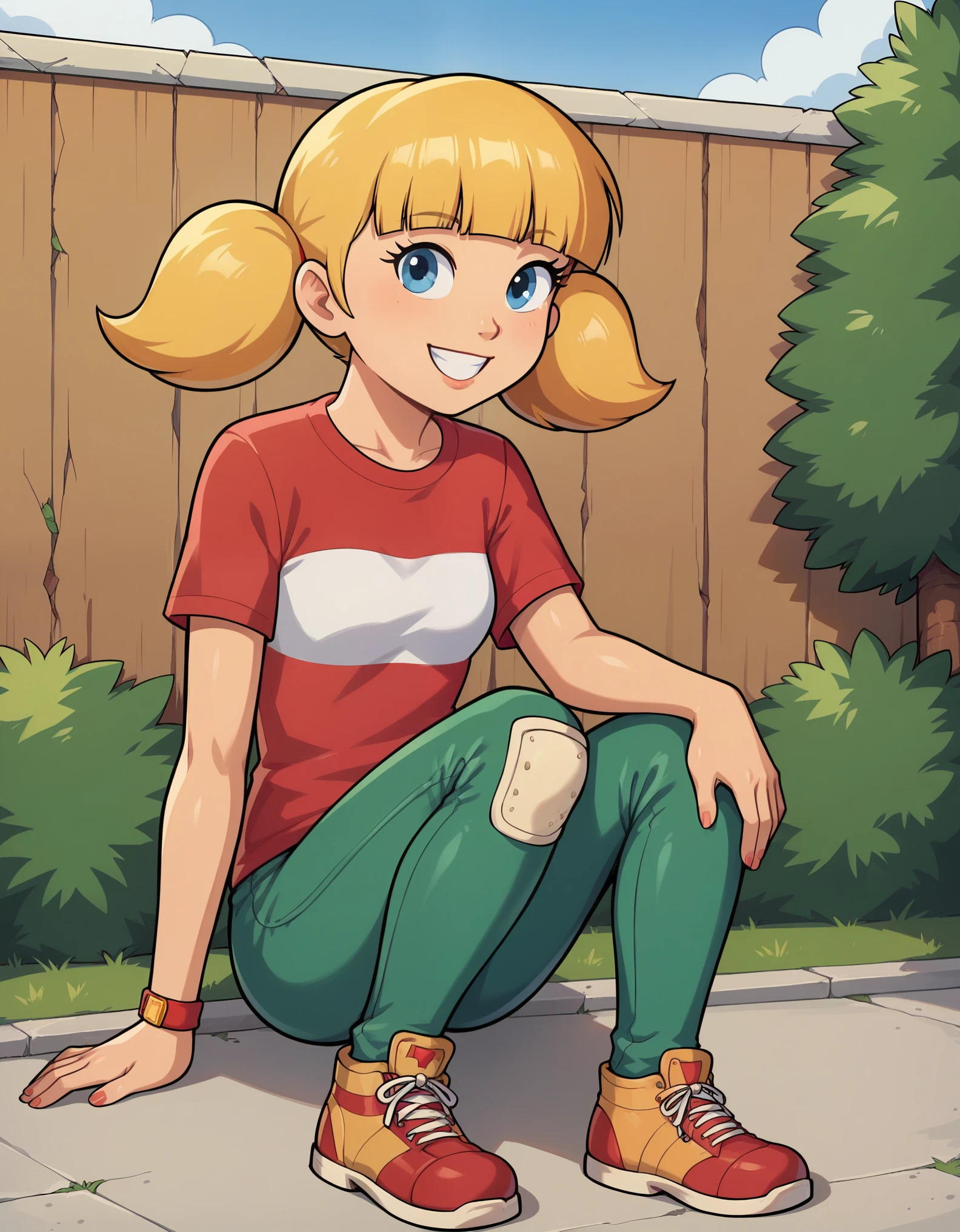 score_9, solo, penny_ig, blonde hair, twintails, red shirt, stripe, knee patch, outdoors, smile