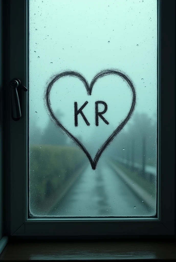 Create  a foggy or rainy window with raindrops on it. KR written on heart shape has been drawn on the foggy window, revealing a view of the outside through the clear shape