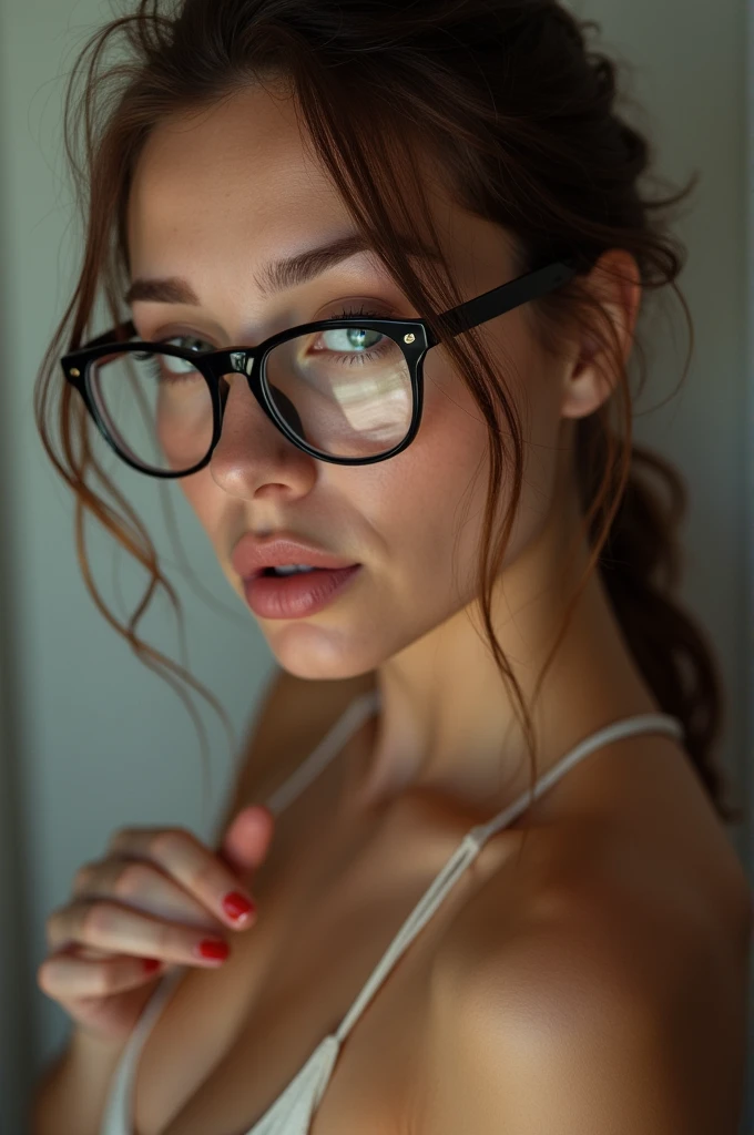A naked girl with glasses sucks a dick