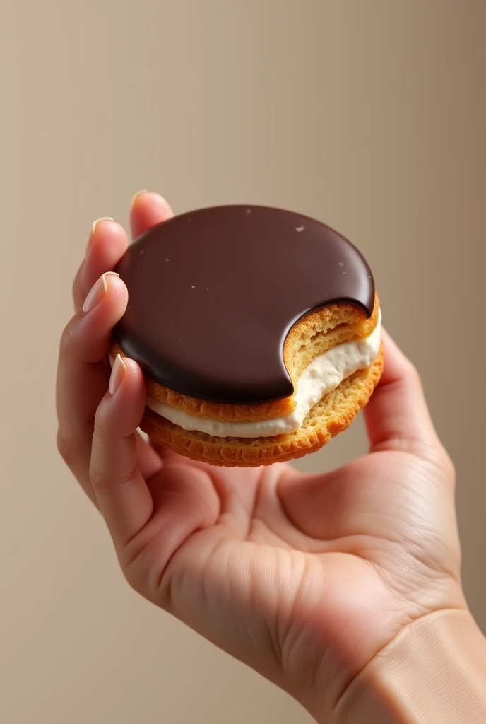Create an alfajor covered in dark chocolate and a hand holding it
