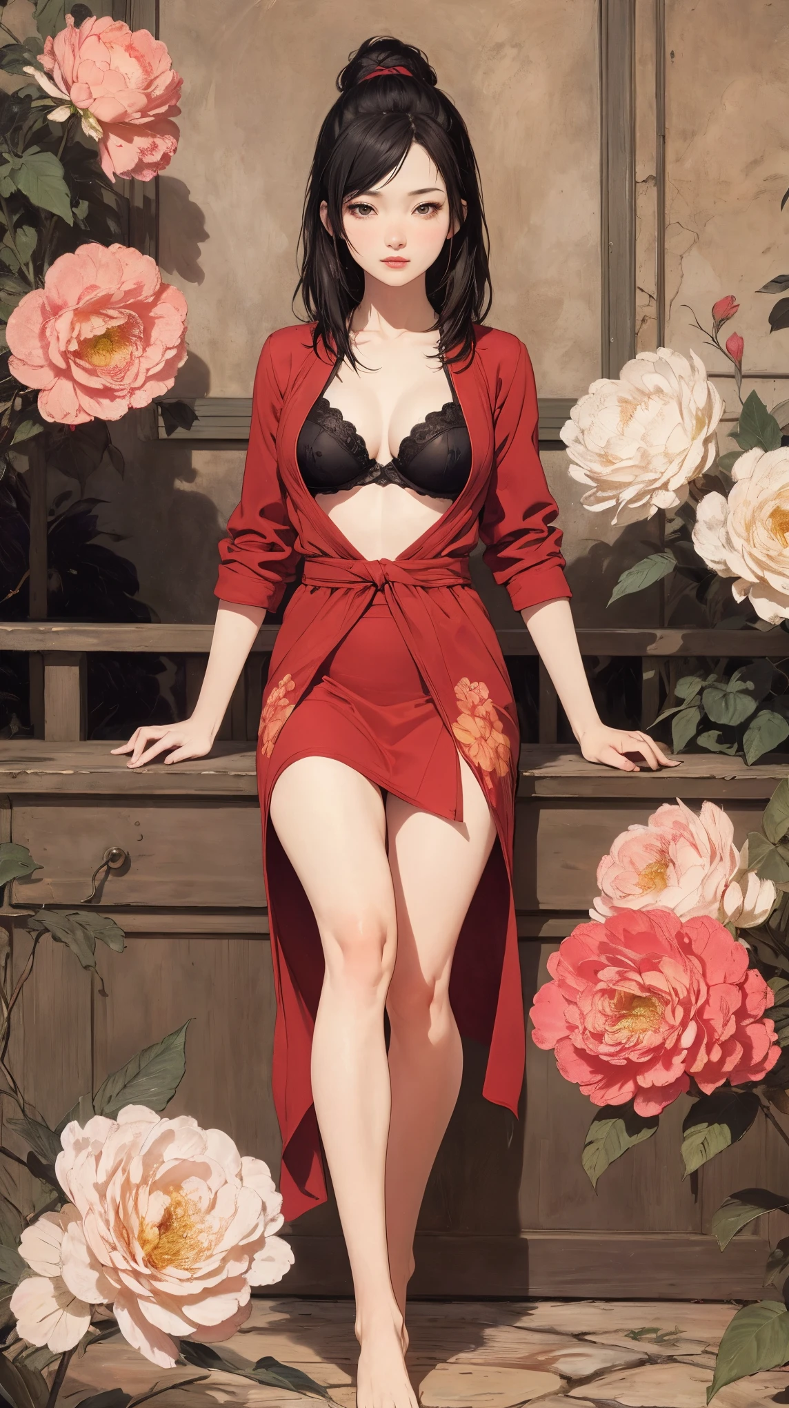 Detailed Background,Art Deco,Beautiful landscape painting,Botanical Art,Flower Art,(Floral:1.2), (masterpiece, Highest quality),Vibrant colors,colorful, Highest quality, Amazing details, Anatomically correct, Line art, Written boundary depth,Flat Shading,Bokeh, woman、、Black Hair、 whole body、 Sit with your legs apart:1.5、sexy、Passionate、Stretch your legs、(Thighs)、(Small breasts)、Slim style、(barefoot)、 Mucha style、Ukiyo-e style、Looking up at the camera、Browsing Caution,kimono, dragon kimono, partially open kimono, red bra
