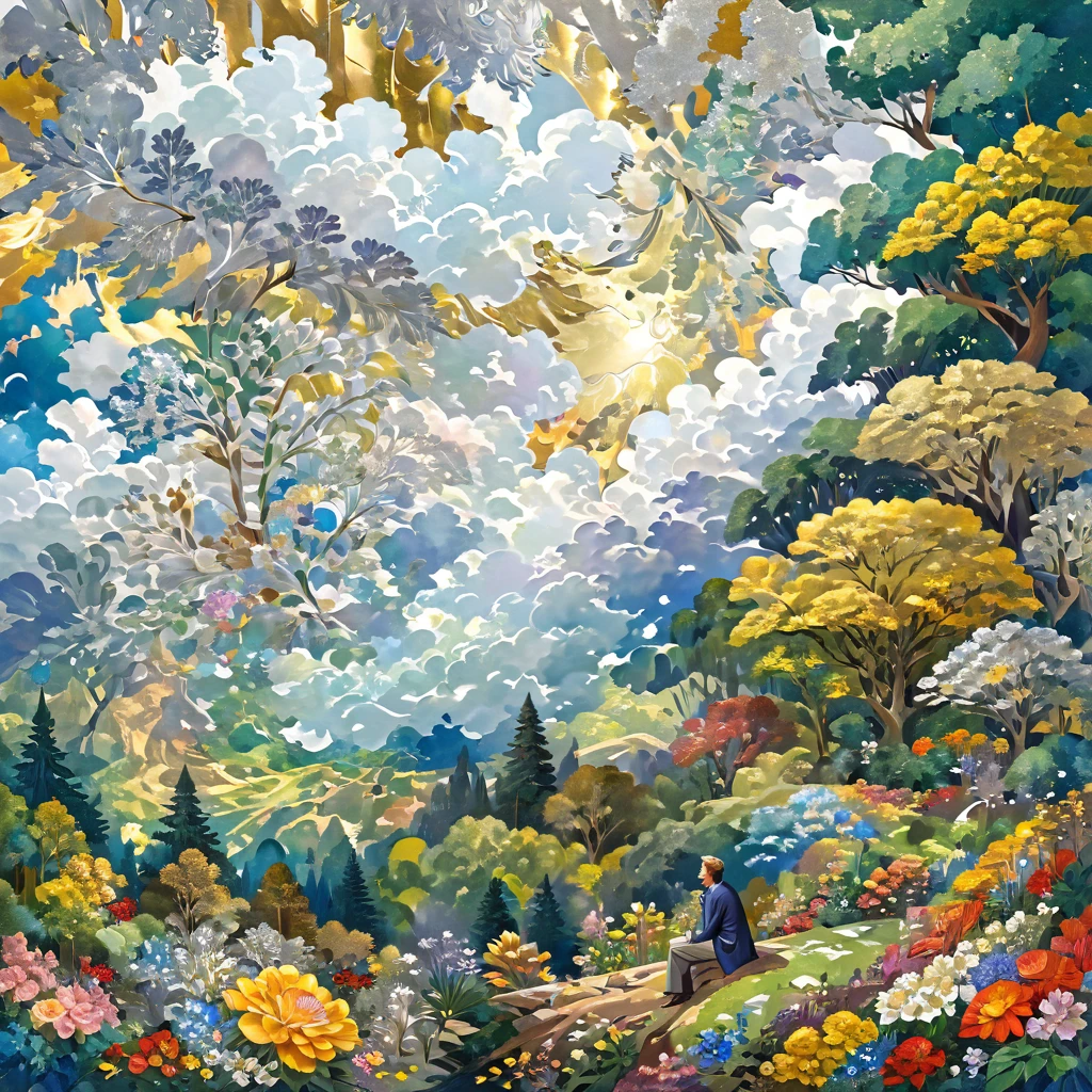 A man in a deep of thought bubble of very creative unique stuff of many different ideas. Clouding view of rare fantastic places surrounded by a tree of forest, gold, silver, animal and different types of flowers.