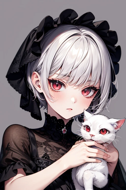 masterpiece, best quality, silver hair, pixie cut, black clothes, whole body, back, face detail, Pale red eyes, cat-like face, pretty girl, cuteness, 5  girl, hyundai