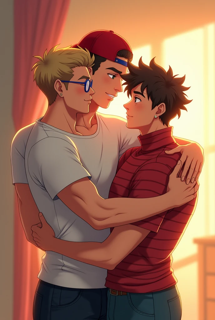 3 fit guys in love hugging eachother. anime style
1st is on the left, he is 5.8 feet tall, short haircut brown hair, wearing earring and blue rounded glasses.
2nd guy is in the middle, 6 feet tall, with very short blonde hair with red cap backwards, and wears a rick and morty t-shirt.
the 3rd guy on the right is the 5.7 with stylish brown hair waring red and white stripes turtle neck