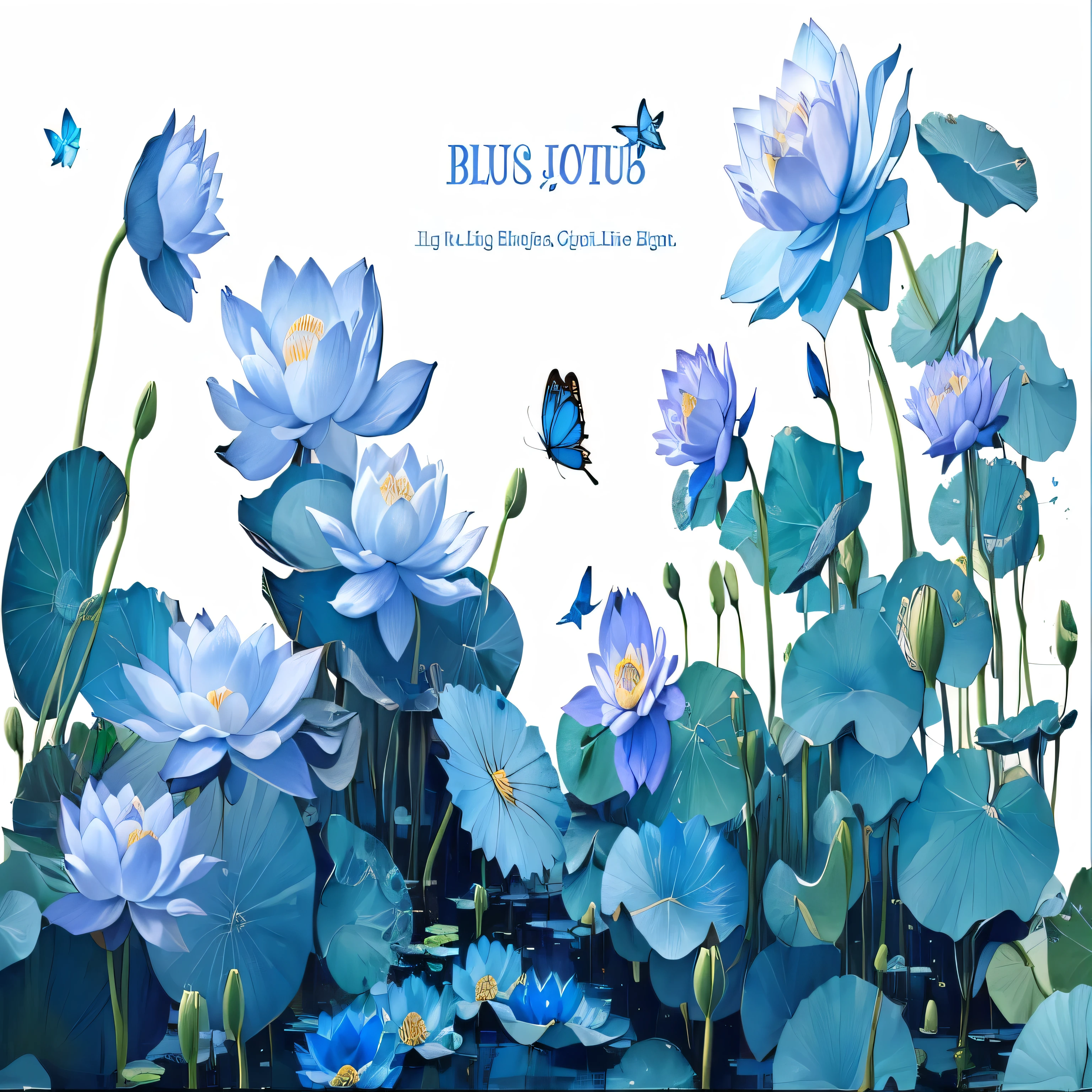 there are many blue lotuses in the water with a butterfly flying above them, lotus, with lotus flowers, by Li Di, lotuses, blue color, lotus flowers, blue, author:Sim Che Tsai, author:Ju Lian, by Zhu Da, author:Jin Touliang, author:Li Kan, lots blue colours, lotus pond