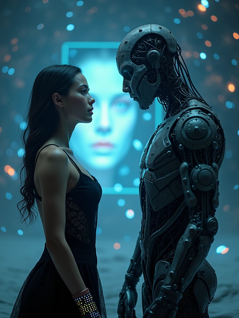 outer space, Watch with a blonde woman in a black lace dress a holographic screen displaying a hyper-realistic AI-generated human face 4K v6.1. Outer space is full of stars and nebulas, illuminating the scene with a cold, dim light. The cyborg has visible wires and circuits on its body., while the woman wears a bracelet with a digital interface. The cyborg has a cold and calculating expression, while the woman shows amazement and fascination."