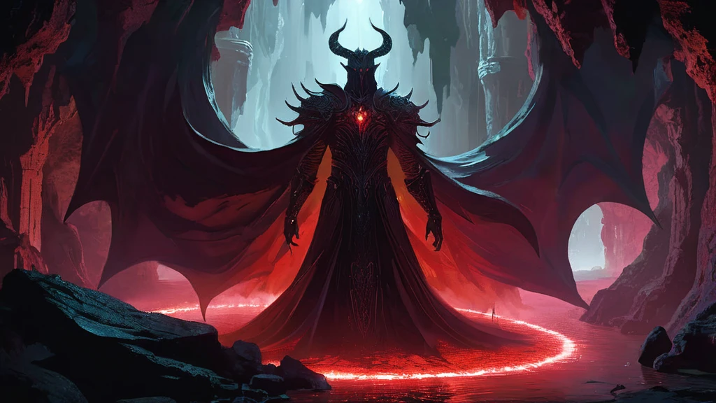 In the shadowy depths of a vast underground cavern, dimly lit by the ominous red glow of embedded crystals, Lorash, the formidable leader of the Sanguine, sits regally upon a stark, imposing stone throne. The throne is carved directly from the cavern’s cold, jagged rock, its surface etched with ancient runes that pulse faintly with a blood-red light.
Lorash is a towering figure, his body covered in thick, coarse dark hair and adorned with powerful, curved horns that extend backward in a menacing curve. His eyes glow with a fierce, unsettling crimson light, reflecting his authority and the dark magic he wields. He is draped in dark, tattered robes that cascade around him, blending seamlessly with the shadows of the cavern. sit in the throne
The surrounding cavern is filled with an eerie, flickering light from the red crystals, casting long, distorted shadows on the walls. Lorash’s followers, the Sanguine, are gathered in a semi-circle around the throne, their forms cloaked in shadow as they kneel in reverent silence. The atmosphere is thick with a sense of dark power and foreboding, as Lorash presides over his domain with an air of ruthless command and anticipation." sit in the throne