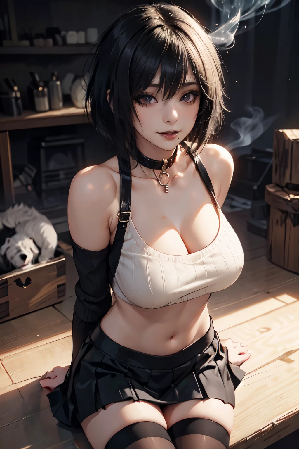 emo_hairstyle, black lipstick, smocky eyes, dog collar, eyeliner, eye shadow, realistic lighting, short hair, shiny skin, thighhighs. big breast, seductive look, seductive smile, short skirt, shoulderless sweater.