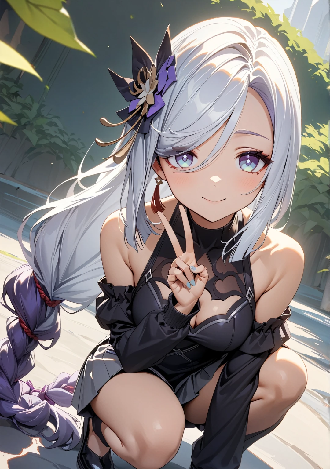 (highest quality:1.2, Very detailed, High Detail, High Contrast, masterpiece:1.2, highest quality, Best aesthetics), 1 girl, Shenhe, Genshin impact, alternate costume, Cyber Suit, Separated sleeves, Bare shoulders, ((White Hair:1.4, Braided long hair, White and purple hair accessories:1.2, gray bangs:1.1, Asymmetrical bangs)), sliver Eyes, Double eyelids, Detailed face, Loose braid, smile:1.2, Indifference, kind, Front view, Cowboy Shot, (((Crouching, V sign:1.2))), A park filled with greenery, squirt:1.2, White cloud, Wide-angle lens.