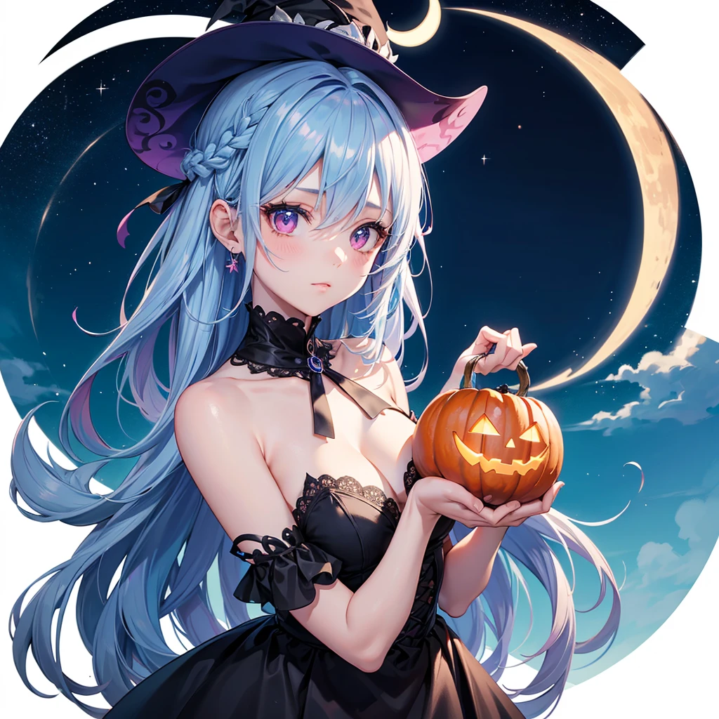 (Sky Blue Hair),(Braided medium hair), (Pink Eyes),Fair skin) ,(whole body),(One Girl),(Crescent Moon),(There are many pumpkin ghosts in the background),(Trick or Treat),Halloween Night Party),(masterpiece, Highest quality, Very detailed, Best Shadow), (Detailed Background), (Beautifully detailed face), High Contrast, (Best lighting, Very delicate and beautiful), ((Cinematic Light)), Hyper Detail,8k, Dramatic Light, Intricate details,Witch&#39;s Clothes,Magic broom,night,Flying bats in the sky,