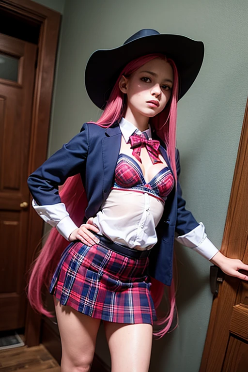 Realistic photo of horned demon girl with very long red tipped hair wearing a catholic school uniform, blue plaid miniskirt, black bra, cowboy hat, pink socks in a haunted house at midnight