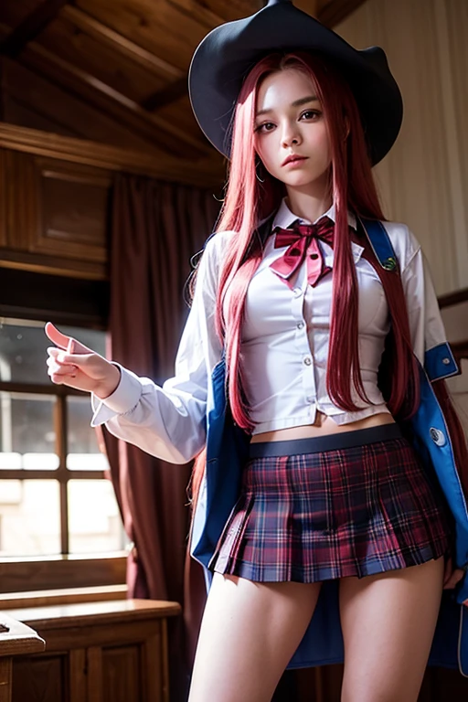 Realistic photo of 12 year old horned demon girl with very long red tipped hair wearing a catholic school uniform, blue plaid miniskirt, black bra, cowboy hat, pink socks in a haunted house at midnight