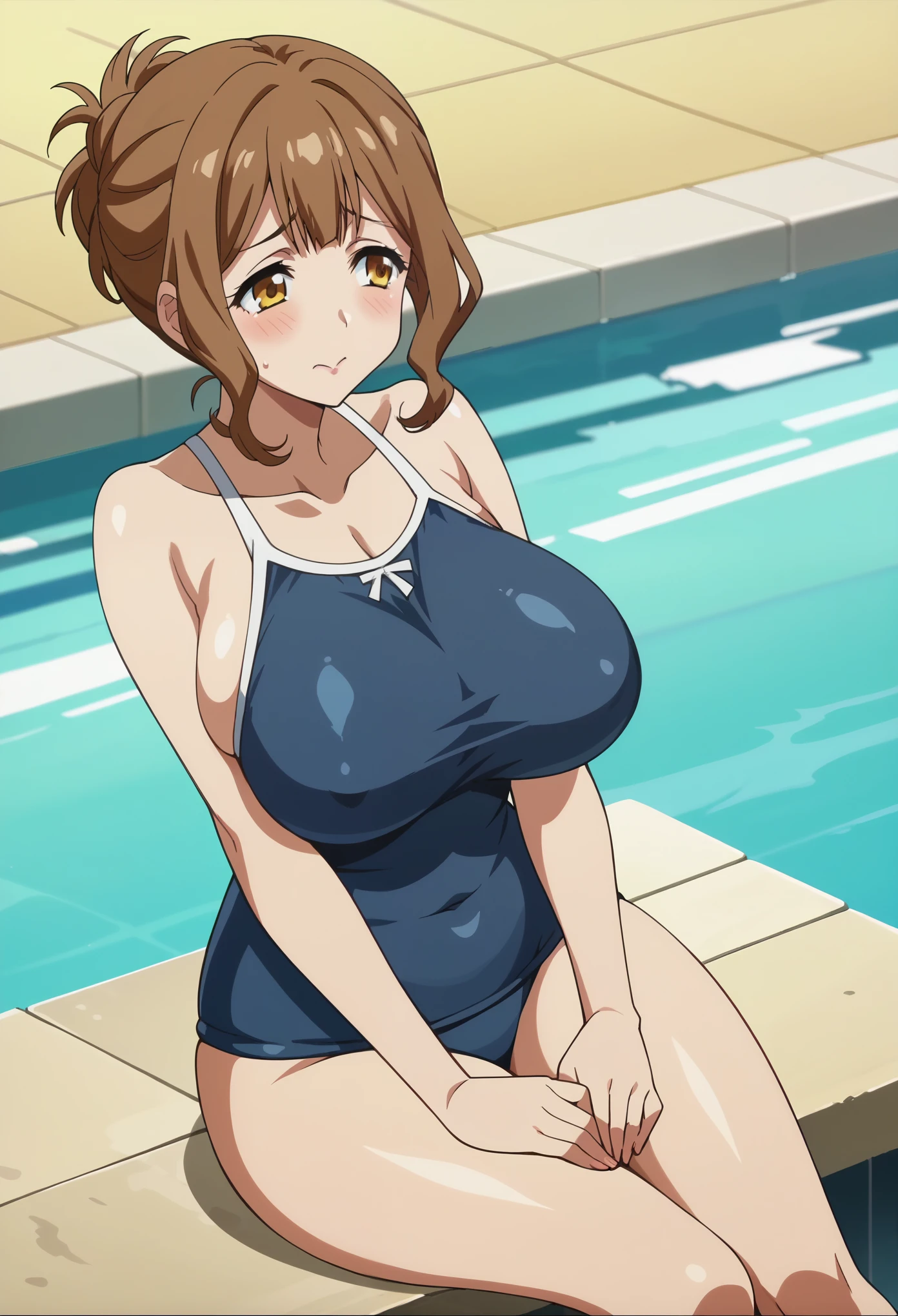 score_9, score_8_up, score_7_up, source_anime, (anime coloring, anime screencap, megami magazine:1.2), BREAK 1girl, kazami torino, (huge breasts),wide hip,thick thighs,curvy,mature female, brown hair,updo,tareme, school swimsuit, pool, blush, embarrassed, cowboy shot, dutch angle, looking away, sitting, from above