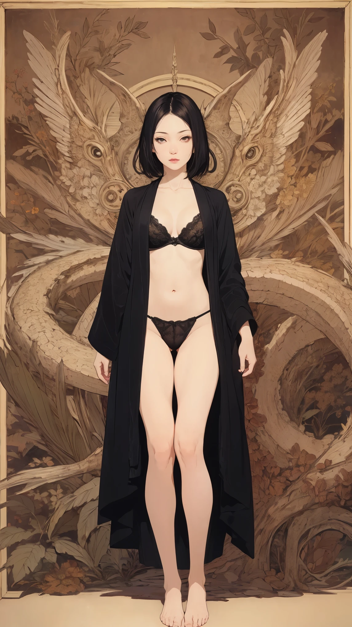 Detailed Background,Art Deco,Beautiful landscape painting,Botanical Art,Flower Art,(Floral:1.2), (masterpiece, Highest quality),Vibrant colors,colorful, Highest quality, Amazing details, Anatomically correct, Line art, Written boundary depth,Flat Shading,Bokeh, woman、、Black Hair、 whole body、 Sit with your legs apart:1.5、sexy、Passionate、Stretch your legs、(Thighs)、(Small breasts)、Slim style、(barefoot)、 Mucha style、Ukiyo-e style、Looking up at the camera、Browsing Caution,kimono, dragon kimono, partially open kimono,red bra