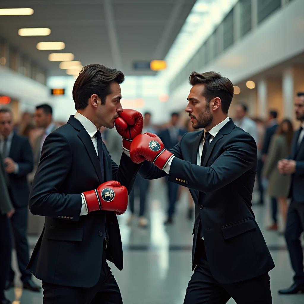 Elegant flight attendant punches annoying passenger, airport, boxingグローブ, boxing
