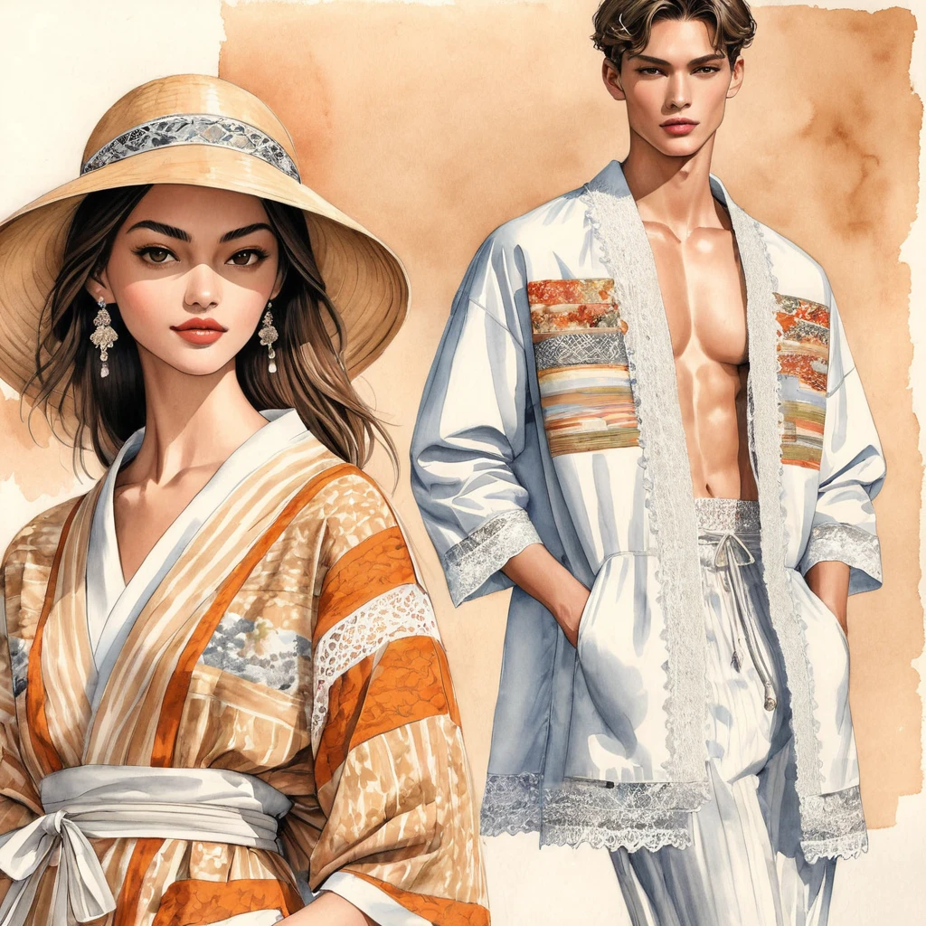 candid fashion illustration of young 2man and 1girl, aged 18-23 year old, tall and slender, Mixed race male super model, ((showcase fashion in a cotton outfits inspired by designer Christian Dior resort collection)), in elegant modern Trible style with ((ethnic woven details)), natural Earth tone color. The 1st man wears an oversized shirt with Trible embroidery and lace details, paired with slim-fit Pants, semi hard bugle. The 2nd man complements him in a white lace shirt and patchwork Yukata, paired with big striped Drawstring short, side entry pockets and completes the look with white sneakers, sunglasses. the woman wearing a dress in cotton woven, ethnic pattern detail, frill-trimmed with lace, Her ensemble includes an accessorizes with a wide-brimmed straw hat, white sneakers. Captured all in a ((full-body pose)), ((pencil color mixed with water-color drawing style on white paper)), realistic pencil lines, imperfect drawing, charcoal lines detail, fading sketch, fashion Sketching, fashion illustration, low angle view, (full body image)