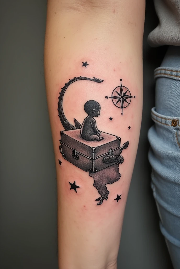 Fine line tattoo representing migration and the journey of life from child to adult, that the child is represented as a dragon and that there is a suitcase and a compass and the map of Venezuela