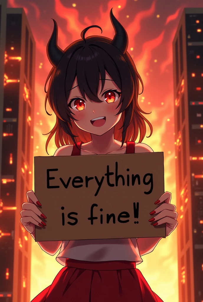 Grinning Anime devil girl holding a sign that says "Everything is fine" while computer equipment is burning around her