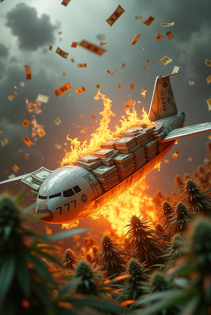 then$777 on fire around a plane full of money and marijuana herbs raining money 