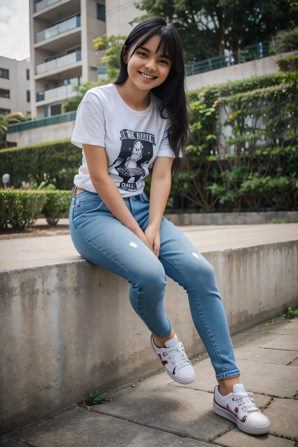 22 years old, girl, white stripes t-shirt, blue skinny jeans, black hair, indonesian girl, smile, with sneaker, university、Full body photo