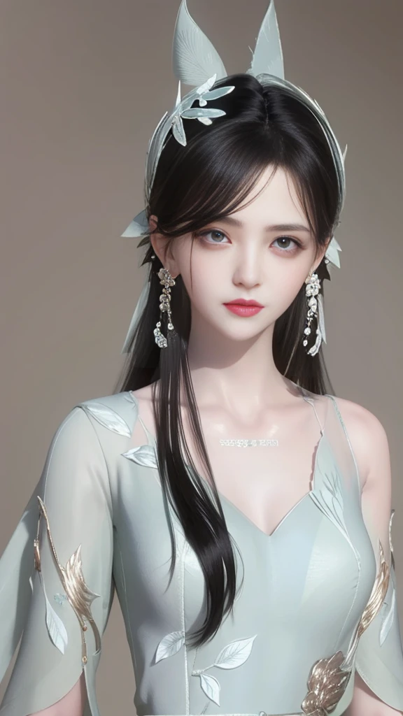 (Best quality,masterpiece:1.2),Ultra-high resolution,Realistically,forward lighting,Intricate details,Exquisite details and textures,(1 Girl),solo,Upper part of the body,Green Hanfu,bamboo leaves pattern,漂亮的big eyes,Green Dress,Bamboo leaf decoration,Beautiful face,For the audience,ribbon,gossamer,(young),Facial highlights,Detail production,Tear mole,White skin,Silver hair,High Ponytail,Looking at the audience,big eyes,(Openwork pattern),Earrings and Nipple Rings,Slim figure,White background,The right hand,Professional lighting,Photon Mapping,Radio City,Physically Based Rendering
